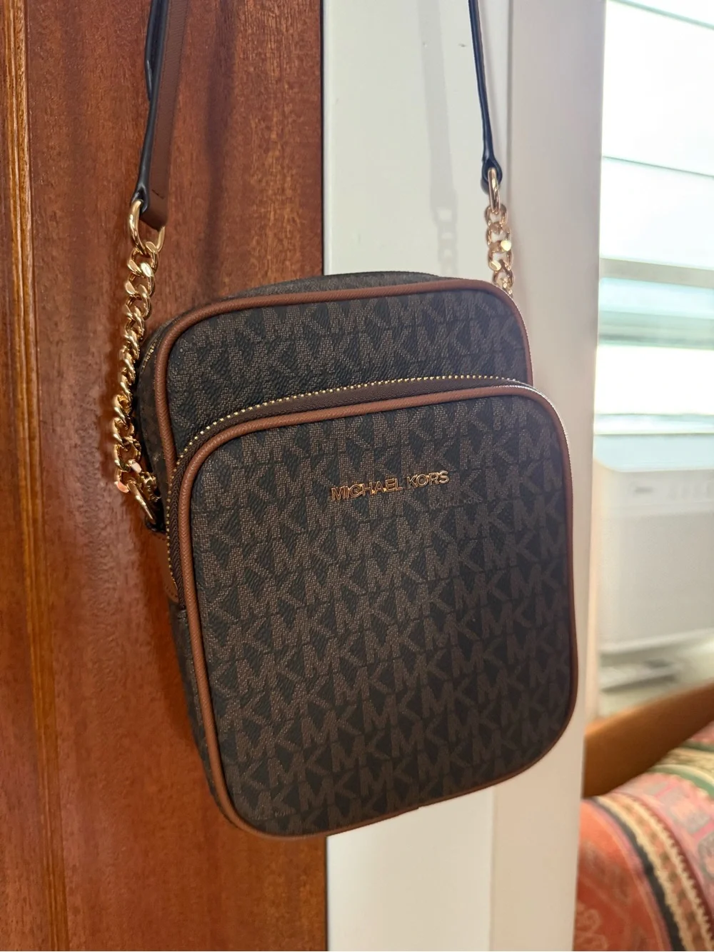 Michael Kors Brown MK Logo Crossbody Belt Bag with Gold Chain Strap